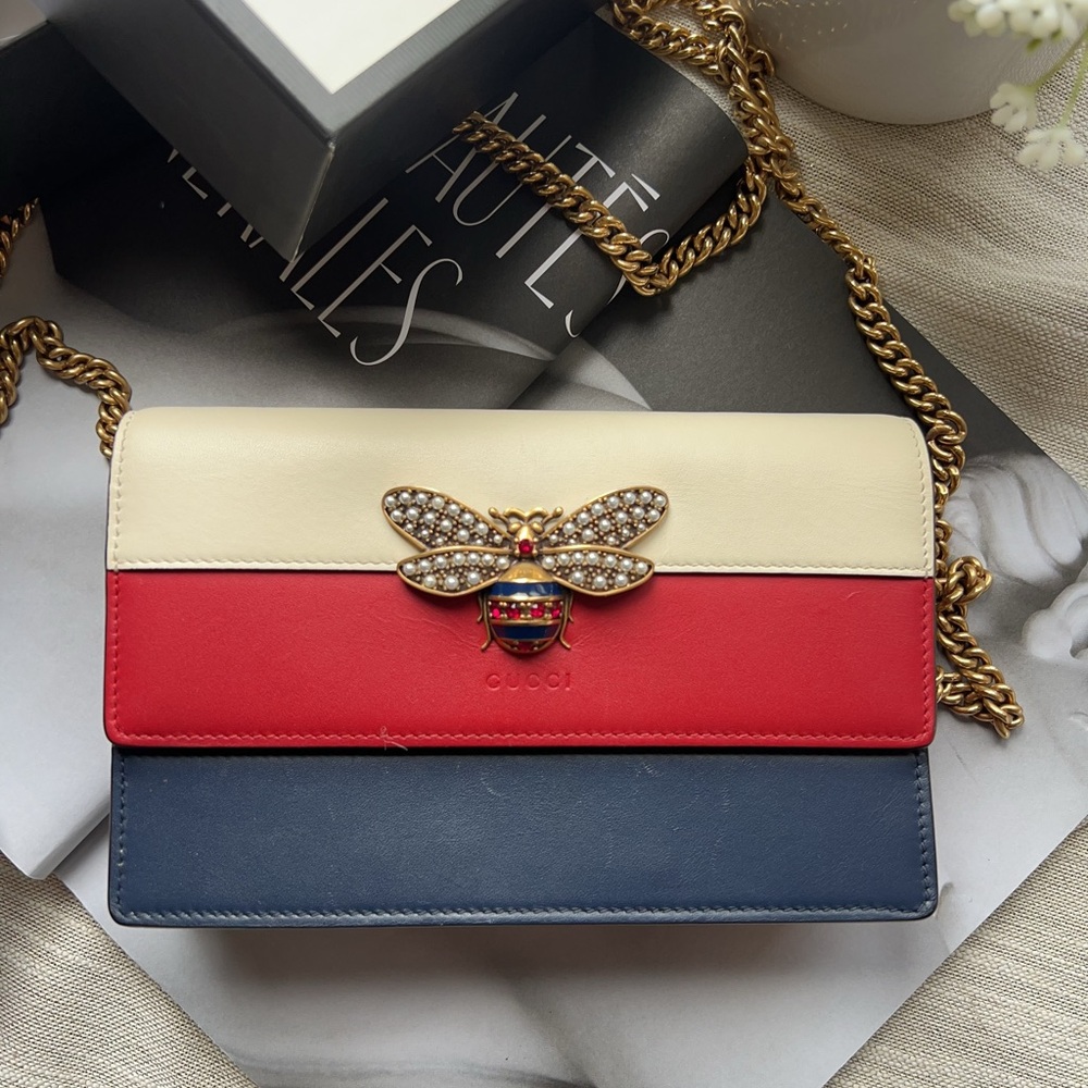 Gucci Tri-Color Bee Crossbody Bag — Cream, Red & Blue